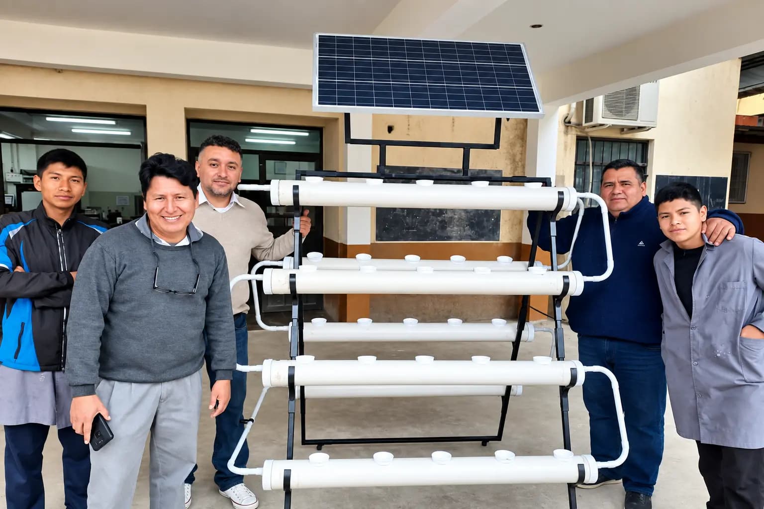 Alumnos y docentes junto a la torre de cultivo hidropónico con panel solar, en la escuela